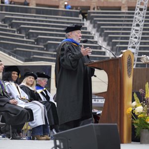 Steve Wozniak was the 2024 Commencement Address speaker at the University of Colorado Boulder.  (Photo by Casey A. Cass/University of Colorado)